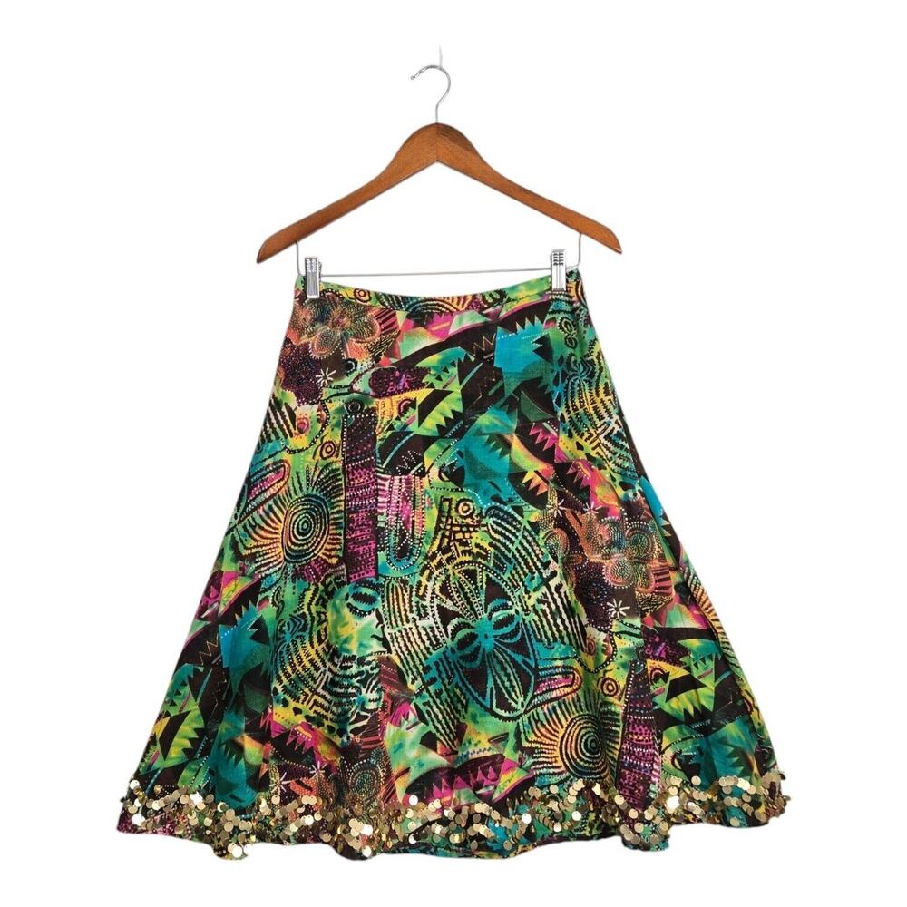 Y2K WD-NY Sequin Hem Midi Skirt sz 4 Multi Abstract Print A-Line Festival Boho